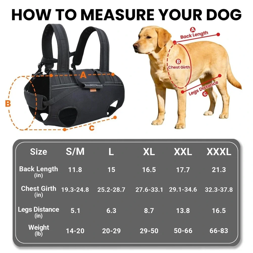 Terapaton Dog Lift Harness XL Large Breed Support Sling Handle Black 29-50 lbs